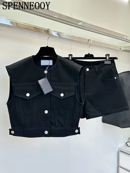 SPENNEOOY הקיץ מעצב בציר צבע שחור מכנסי החליפה של הנשים ללא שרוולים כיסי הז ' קט 