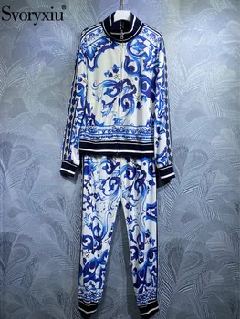 Svoryxiu מעצב קיץ בציר כחול ולבן פורצלן זמן חליפת מכנסיים נשים פנס שרוול מעיל חולצות + מכנסיים מותן אלסטי