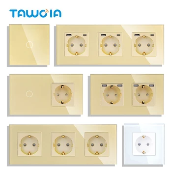 TAWOIA האיחוד האירופי שקע חשמל זהב זכוכית מגע מתג ה-USB Type-C כפול שקע שקעים תאורה אחורית החלפת שקע עם בטיחות הדלת