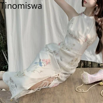 Tinomiswa בסגנון סיני Cheongsam שמלת נשים הקולר שרוולים מותניים צרים פיצול תחרה מזג הדפסה שמלות פאטאל
