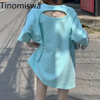 Tinomiswa רחוב אופנה מזדמן Tshirts נשים מוצק צבע רופף חלול החוצה חולצות נקבה O-צוואר שרוול קצר בקיץ מקסימום