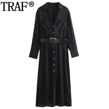 TRAF 2023 חגורת שמלת החולצה אישה שחורה ארוכה שמלות לנשים שרוול ארוך מידי שמלה הסתיו מרקם כפתור מזדמן שמלות