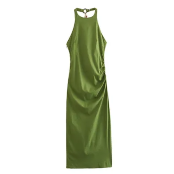 TRAF נשים אופנה ללא משענת ציצית קו עיצוב הצד קפלים שרוולים הקולר Midi שמלה נשית עם שיק מסיבת חוף Vestido