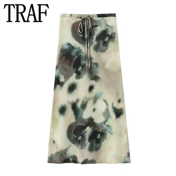 TRAF עניבה סאטן צבע חצאית נשים גבוה מותן חצאית מידי קיץ קשור חצאיות ארוכות לנשים אופנה 2023 אלגנטי נשים חצאיות