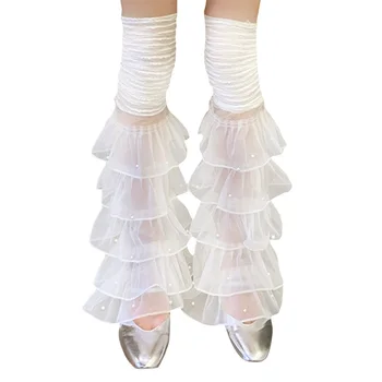 Xingqing לפרוע תחרה מחממי רגליים y2k נשים מתוק לוליטה לראות דרך Multi-layer פנינים הירך גבוהה חותלות, גרביים אביזרים