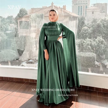 XPAY צנוע משי ירוק מוסלמי ערבי נשים, שמלות ערב שרוול ארוך צוואר גבוה גלימה עם שרוולים הרשמית שמלות לנשף עם חיג ' אב