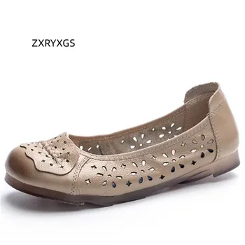 ZXRYXGS פרימיום הפנימי החיצון מלא עור אמיתי נעליים לנשימה חלול סנדלים שטוחים נעלי 2023 אביב קיץ רטרו נשים דירות