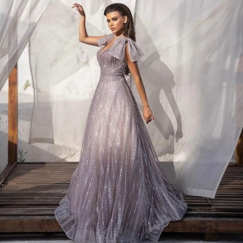 אגדה V-צוואר שמלות לנשף באורך רצפת מסיבת חתונה קו A טול נצנצים גרייס נשים חשופת גב רוכסן 2023