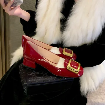 אדום נעליים עקב נשים משאבות לוליטה עגול נעלי אצבע עבה עקבים גבוהים נעלי נשי אביב אופנה נעלי עור האישה B2-34