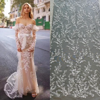 אוף-ווייט-3D פרחים, פייטים חרוזים רקומים תחרה בד שמלת החתונה זוהר הכלה בד RS4835