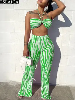 אופנה אלגנטית לנשים חליפות ללא משענת סטרפלס ביגוד קיץ הקולר שני 2 ערכות קטע פסים הדפסה חליפת מכנסיים עם קפלים סקסי