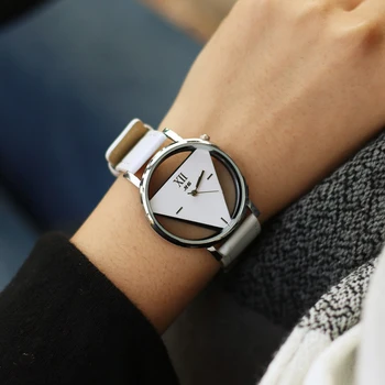 אופנה חלול משולש נשים קוורץ שעונים פשוטים חידוש, אינדיבידואליזם יצירתי שעון יד שחור עור לבן שעון