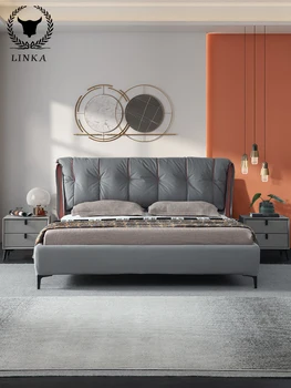 אור יוקרה עיצוב מודרני בסגנון נורדי פשוט דלוקס חדר שינה עור מיטת הכלולות רהיטים מאסטר כפול