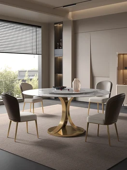 אור יוקרה רוק צלחת האוכל שולחן עגול של מעצב משפחה פשוטה מודרנית אורז שולחן כיסא משולב