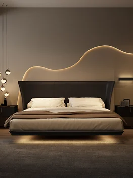איטלקי מינימליסטי עור המיטה דירה קטנה הרוח שחור צף המיטה מודרני מינימליסטי כפול חדר השינה הראשי מיטה למיטת
