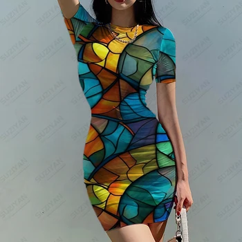 אישיותו הייחודית 3D מודפס שמלה נשית רזה עם שרוולים קצרים שמלת חיצונית רחוב שמלת קיץ חדש צוואר עגול השמלה