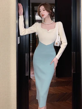 אלגנטי אופנה סרוגים Midi שמלה נשים סוודר מתוק ניגוד Bodycon חלוק נשי מסיבת רחוב הבגדים התחתונה Vestidos Mujer
