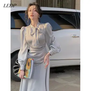 אלגנטי הפבורן כתם נשים שמלות 2023 האביב קוריאני אופנה שיק עניבת הפרפר שרוול ארוך Vestidos מקופל עיצוב לנשף קו השמלה