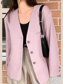 אלגנטי לנשים בלייזר ZANZEA האופנה השרוול הארוך מזויף בכיס הז ' קט 2023 קיץ סקסי V צוואר הלבשה עליונה מקרית מוצק צבע מעילים