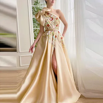 אלגנטי צהוב קו שמלות ערב כתף אחת בלי שרוולים אורך רצפת גבוהה פיצול 3D Bowknot פרח קפלים נשף שמלות ערב
