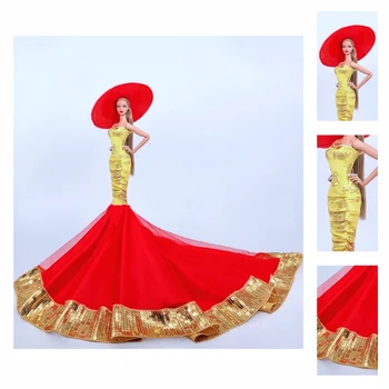 באיכות גבוהה בעבודת יד אדום זהב אומן החתונה השמלה על הבובה בארבי בגדים תלבושות מפלגה שמלת & הכובע 1:6 בובות אביזרים