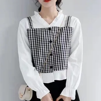 בגדי נשים שרוול ארוך טלאים, כפתורים צבע מוצק משובץ משרד ליידי אביב סתיו דק פשטות קוריאנית חולצות חופשי