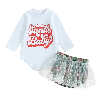 בייבי בנות 2Pcs חג המולד תלבושות שרוול ארוך רומפר תחרה, חצאית מכנסיים קצרים להגדיר התינוק בגדים.