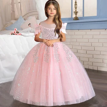 בנות פרל נצנצים על שמלת נסיכה של ילדים מחוץ כתף רשת פלאפי השמלה משתה חתונה סעודת האדון שמלת מסיבת