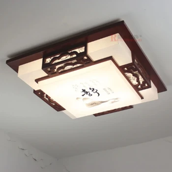 בסגנון סיני מודרני קצר מוצק עץ מרובע התקרה אור חיסכון באנרגיה עור כבשים מנורת הסלון, חדר השינה, אור AC220V