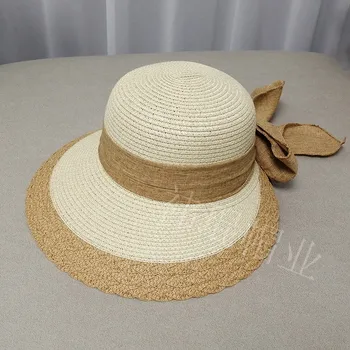 בקיץ הנשים הגדול של קשת כובע קש נייד מתקפל הקיץ האביב גדול מתחת לשולי החוף חיצונית ארוגים ביד מוצק צבע כובע השמש הסיטוניים