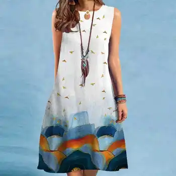 בקיץ מזג אלגנטיות מודפס נשים שמלה ללא שרוולים סווינג Midi