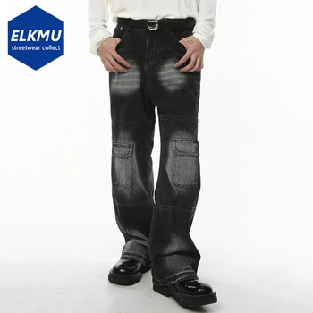 גברים בציר ג 'ינס שחור חופשי טקטי מטען מכנסי ג' ינס אופנת רחוב Harajuku היפ הופ באגי ג ' ינס מכנסיים