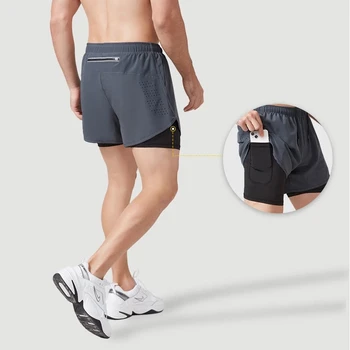 גברים מכנסי ריצה מהיר ייבוש כושר שחור שכבה כפולה מכנסיים צמודות אימון אימון פיתוח גוף קצר פן ספורט