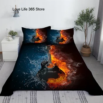 גיטרה עם מיטה זוגית להגדיר 3D מודפס פוליאסטר למיטה גיליון שטוח עם הציפית מצעים לילדים למבוגרים קינג קווין סייז