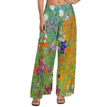 גן הפרחים מכנסיים בוטני הדפסת אמנות החוף ישר רחב הרגל המכנסיים גבוהה המותניים מזדמנים מכנסיים גודל גדול