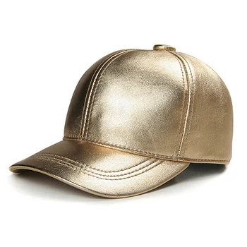 האביב יוניסקס עור אמיתי כובע בייסבול גברים נשים חוצות מזדמן בהיר זהב/כסף היפ פופ הכובע הגברי הוקי Snapback Chapeu
