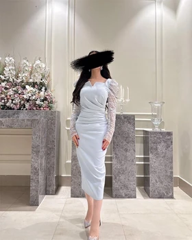הגדה כחול בהיר שמלות לנשף האופנה צוואר V שמלת מסיבת תה-טול אורך השרוול חרוזים ערב רשמי שמלה 2023