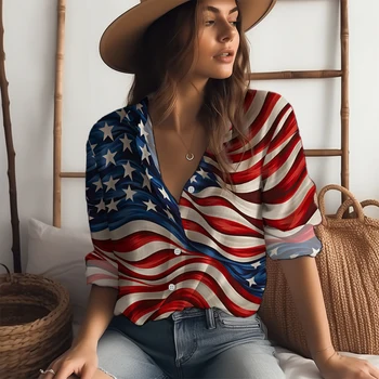 הדגל האמריקני 3D מודפס חולצת האביב והסתיו קלאסית שרוול ארוך חולצה של נשים אופנת רחוב חולצה רגילה כפתור החולצה.