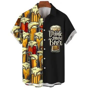 החוף הוואי Harajuku חולצות לגברים הדפסת 3D בירה שרוול קצר Tees חופשת הקיץ סגנון יחיד עם חזה מקסימום דש חולצות