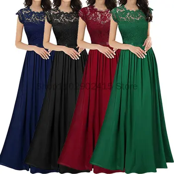 הנשים שמלה ארוכה שיפון שמלה תפרים תחרה נשית השושבינות אלגנטי, שמלת מקסי צבע טהור צוואר עגול שמלות ארוכות Vestidos
