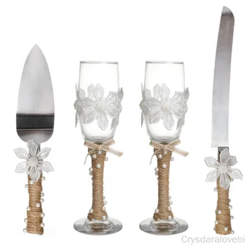 הסגנון המערבי החתונה Goble כוסית זכוכית, פלדה אל חלד סכין העוגה חפירה 4Pce חדש גבוהה זכוכית בורוסיליקט כוס יין אדום