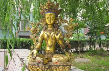 הסינים טיבט ברונזה צורך לדאוג גילט ירוק טרה קוואן-יין בודהיזם קלאסי פסל