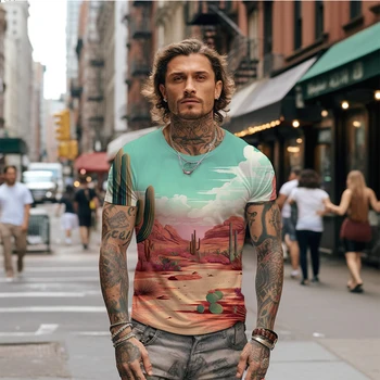 הקיץ החדש חולצת הטריקו של הגברים נוף מדברי 3D מודפס חולצת הטריקו של הגברים נופש ופנאי חולצת הטריקו של הגברים אופנה חולצת הטריקו של הגברים