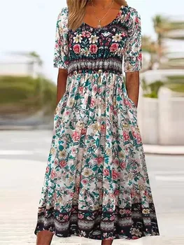 הקיץ פרח רטרו הדפסה נשים שמלה אלגנטית בוהמי בציר שרוול קצר o-צוואר קו A-midi שמלה 2023 בגדים מזדמנים