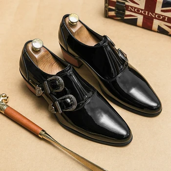 השחור החדש כפול אבזם מעור רשמי נעלי גברים עבודת יד עבים עם העקבים עסק בעבודת יד לגברים נעלי שמלה