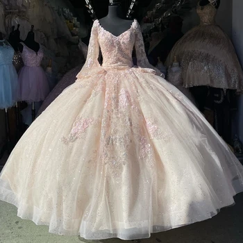 ורוד V-צוואר שמלת נשף הטקס שמלות אפליקציה תחרה חרוזים ארוכות נסיכה יום הולדת מסיבת נשף שמלת vestidos דה-15 שנים