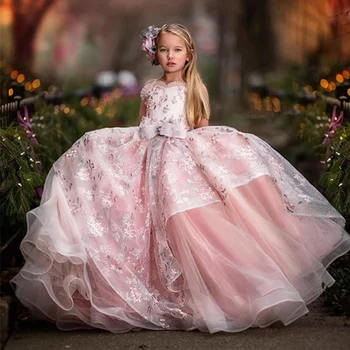 ורודה ללא שרוולים מחשוף גב נסיכה, שמלת נשף שמלת ילדה הטקס הראשון נשף תחפושות שמלות אפליקציות 2023