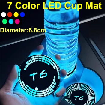 זוהר המכונית מים כוס לרפד תחתית של וולוו T6 לוגו משקאות בעל 7 צבעוני Led האווירה אור טעינת USB אביזרים