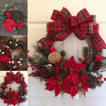 זר חג המולד מלאכותי צמח קש מעגל עם Bowknot פעמון קטן סימולציה פרח הביתה קיר הכניסה תפאורה 37cm