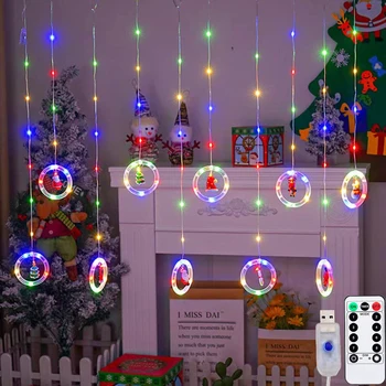 חג המולד וילון חלון תלוי האורות, חג המולד הוביל אורות מחרוזת USB מופעל מרחוק עם טבעת האור חלון חדר השינה Ind